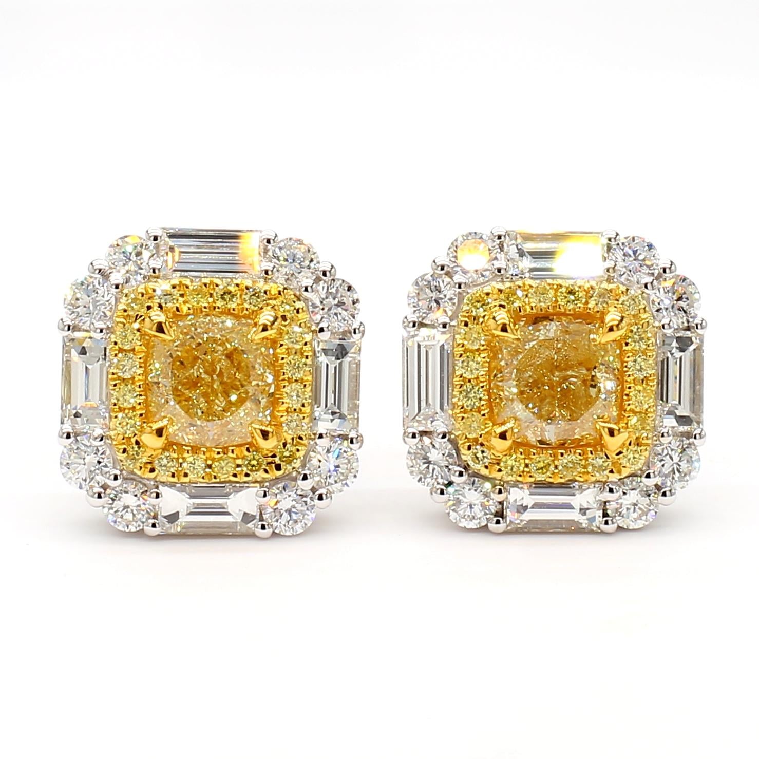 GIA Certified Natural Yellow Cushion Diamond 4.07 Carat TW Gold Stud Earrings