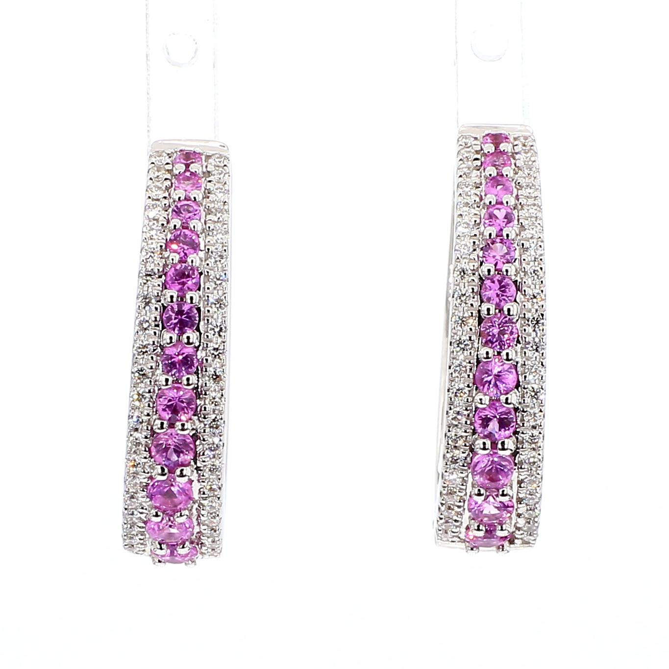 Natural Pink Round Sapphire and White Diamond 1.22 Carat TW White Gold Earrings