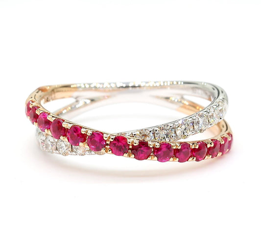 Natural Red Round Ruby and White Diamond .85 Carat TW Gold Cocktail Band