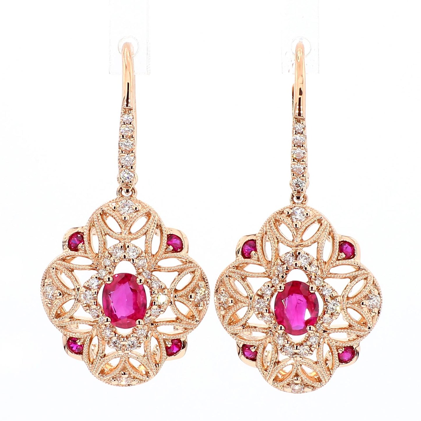 Natural Red Oval Ruby and White Diamond 1.46 Carat TW Gold Drop Earrings