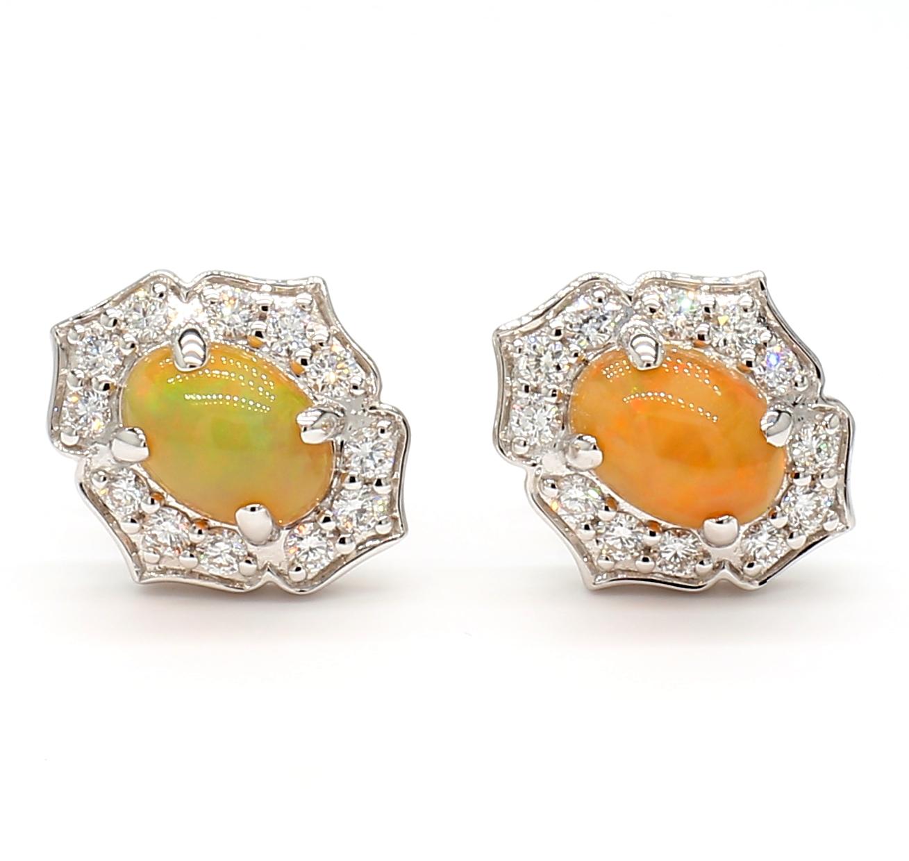 Natural Oval Opal and White Diamond 1.57 Carat TW White Gold Stud Earrings