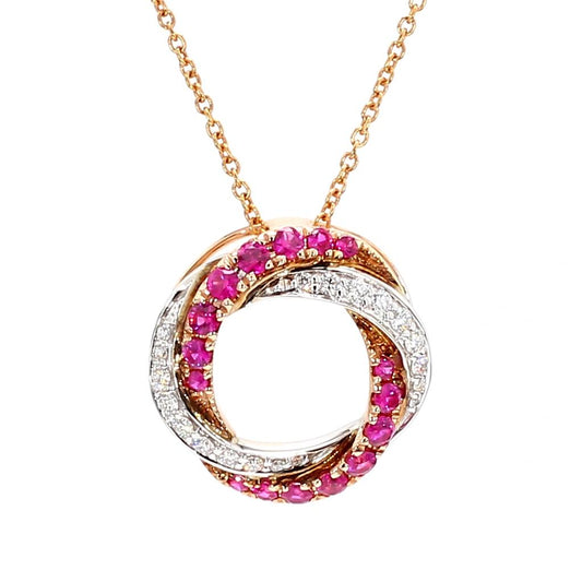 Natural Round Red Ruby and White Diamond .78 Carat TW Rose Gold Drop Pendant