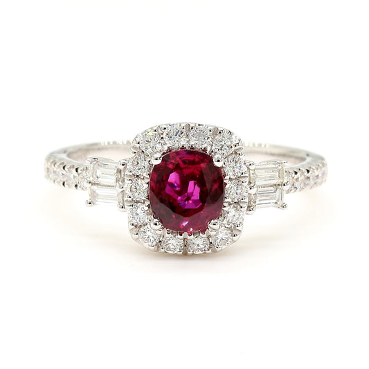 Natural Red Cushion Ruby and White Diamond 1.25 Carat TW Gold Cocktail Ring