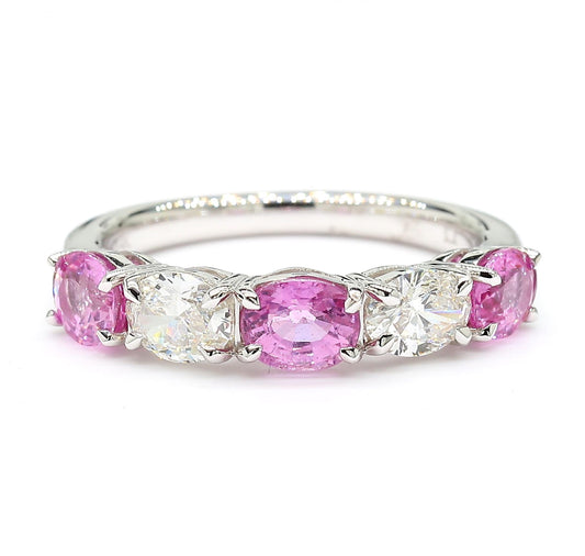 Natural Pink Oval Sapphire and White Diamond 1.97 Carat TW Gold Wedding Band