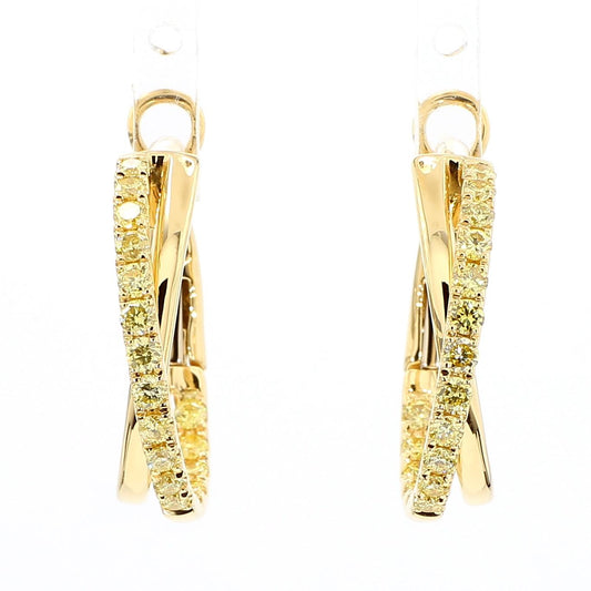 Natural Yellow Round Diamond .96 Carat TW Yellow Gold Hoop Earrings