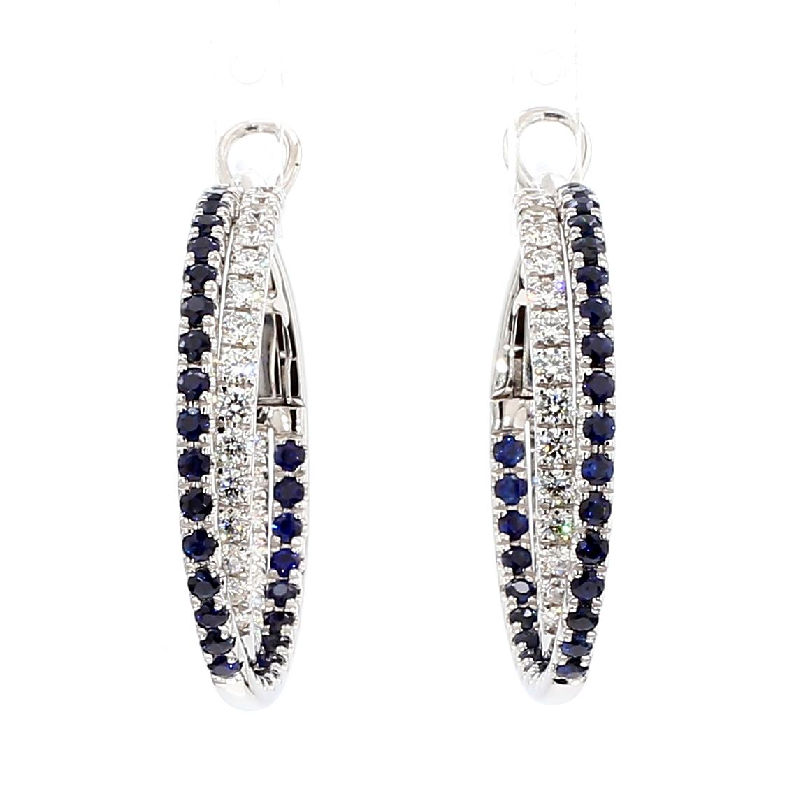 Natural Blue Round Sapphire and White Diamond 3.09 Carat TW Gold Hoop Earrings