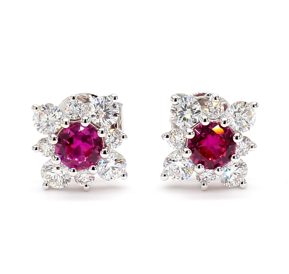 Natural Red Round Ruby and White Diamond 1.47 Carat TW White Gold Stud Earrings