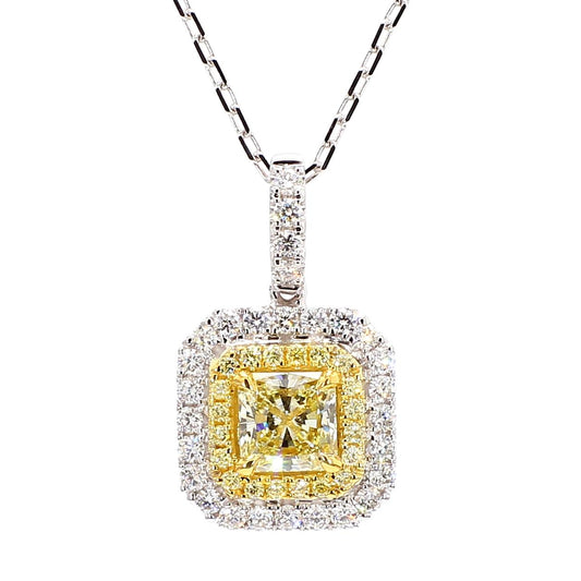 GIA Certified Natural Yellow Radiant Diamond 1.45 Carat TW Gold Drop Pendant