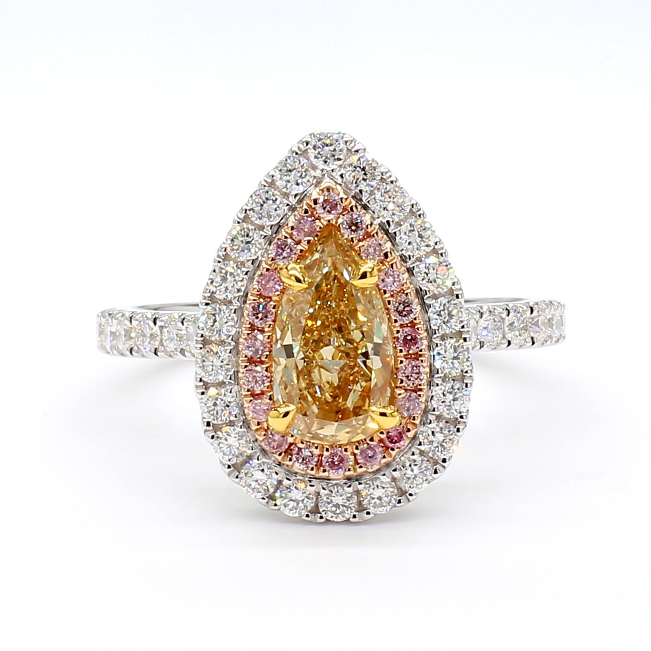 GIA Certified Natural Yellow Pear Diamond 1.80 Carat TW Gold Cocktail Ring