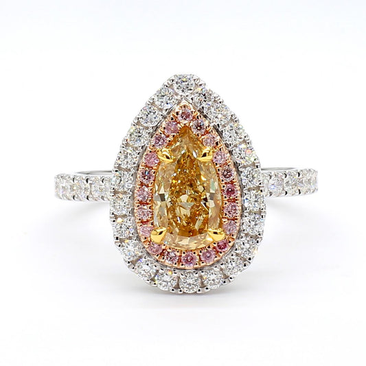 GIA Certified Natural Yellow Pear Diamond 1.80 Carat TW Gold Cocktail Ring