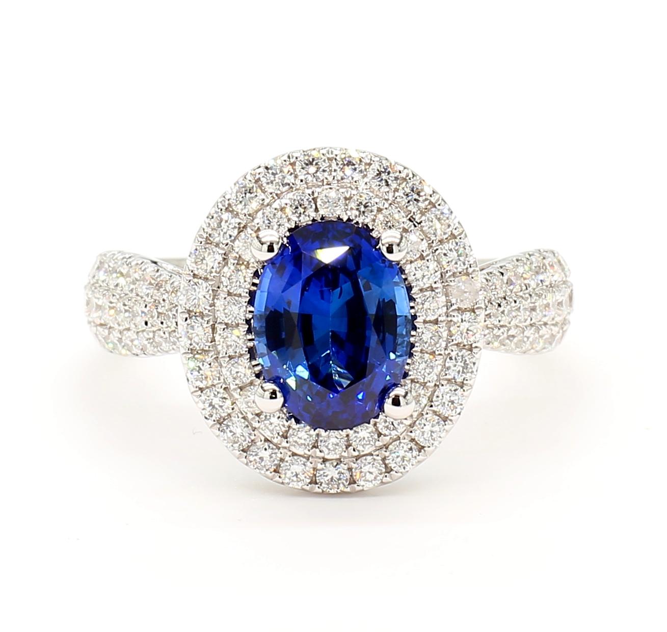 Natural Blue Oval Sapphire and White Diamond 2.81 Carat TW Gold Cocktail Ring