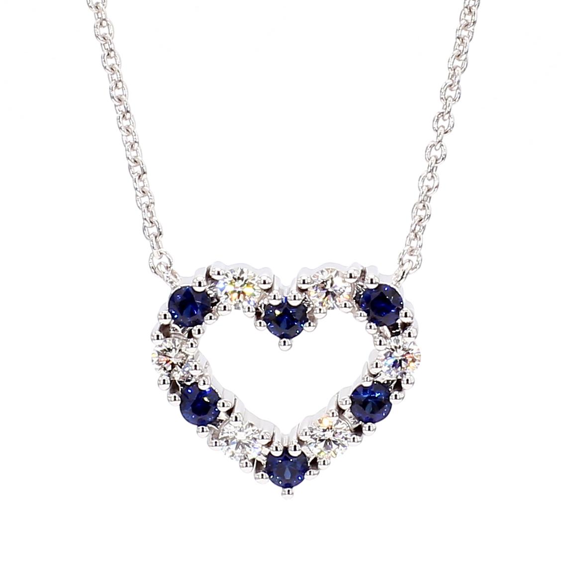 Natural Blue Round Sapphire and White Diamond 0.53 Carat TW White Gold Necklace