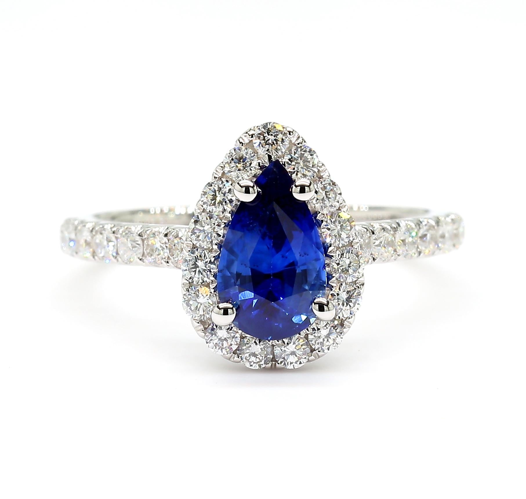 Natural Blue Pear Sapphire and White Diamond 1.79 Carat TW Gold Cocktail Ring