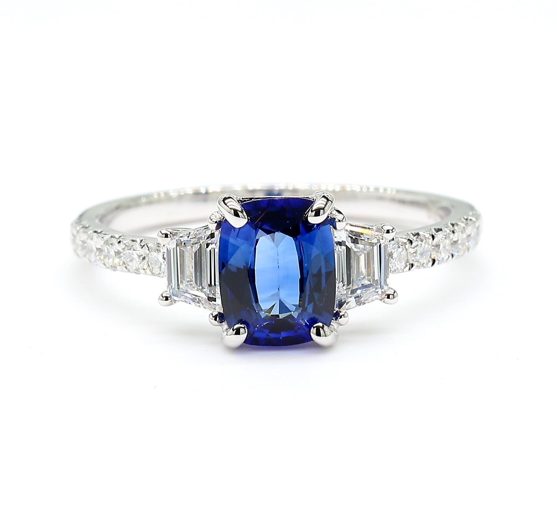 Natural Blue Cushion Sapphire and White Diamond 1.49 Carat TW Gold Cocktail Ring