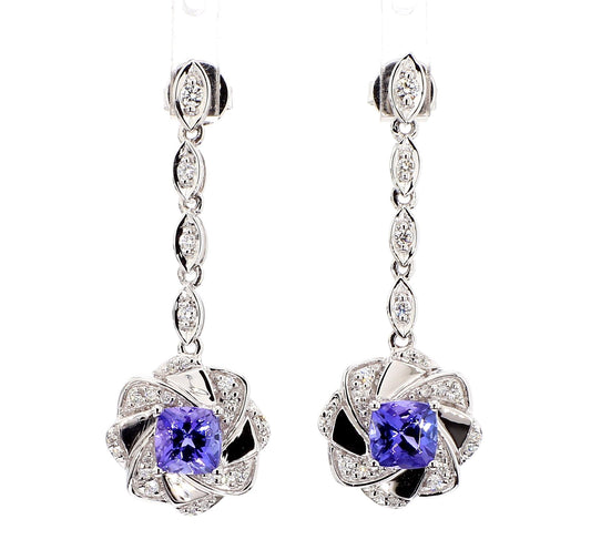 Natural Blue Cushion Tanzanite and White Diamond 1.63 Carat TW Gold Earrings