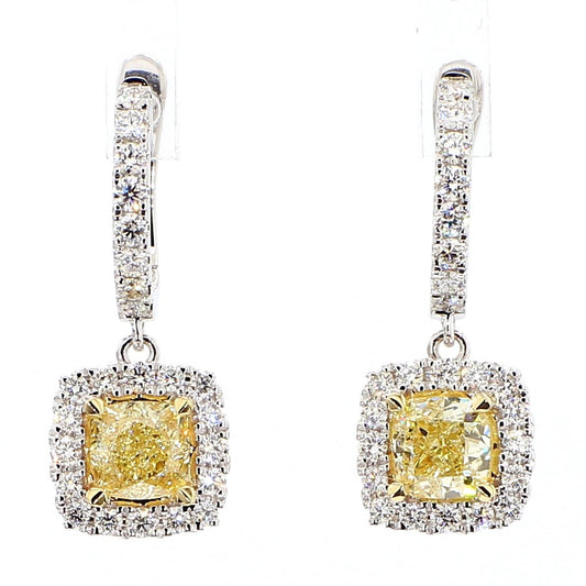 Natural Yellow Cushion Diamond 2.35 Carat TW Gold Drop Earrings