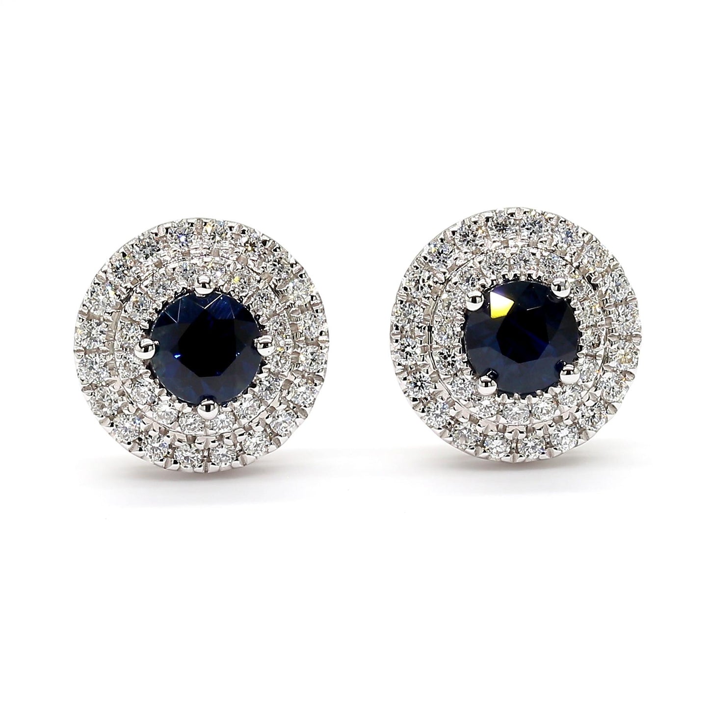 Natural Blue Round Sapphire and Diamond 1.01 Carat TW Gold Stud Earrings