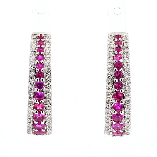 Natural Red Round Ruby and White Diamond 1.26 Carat TW White Gold Hoop Earrings