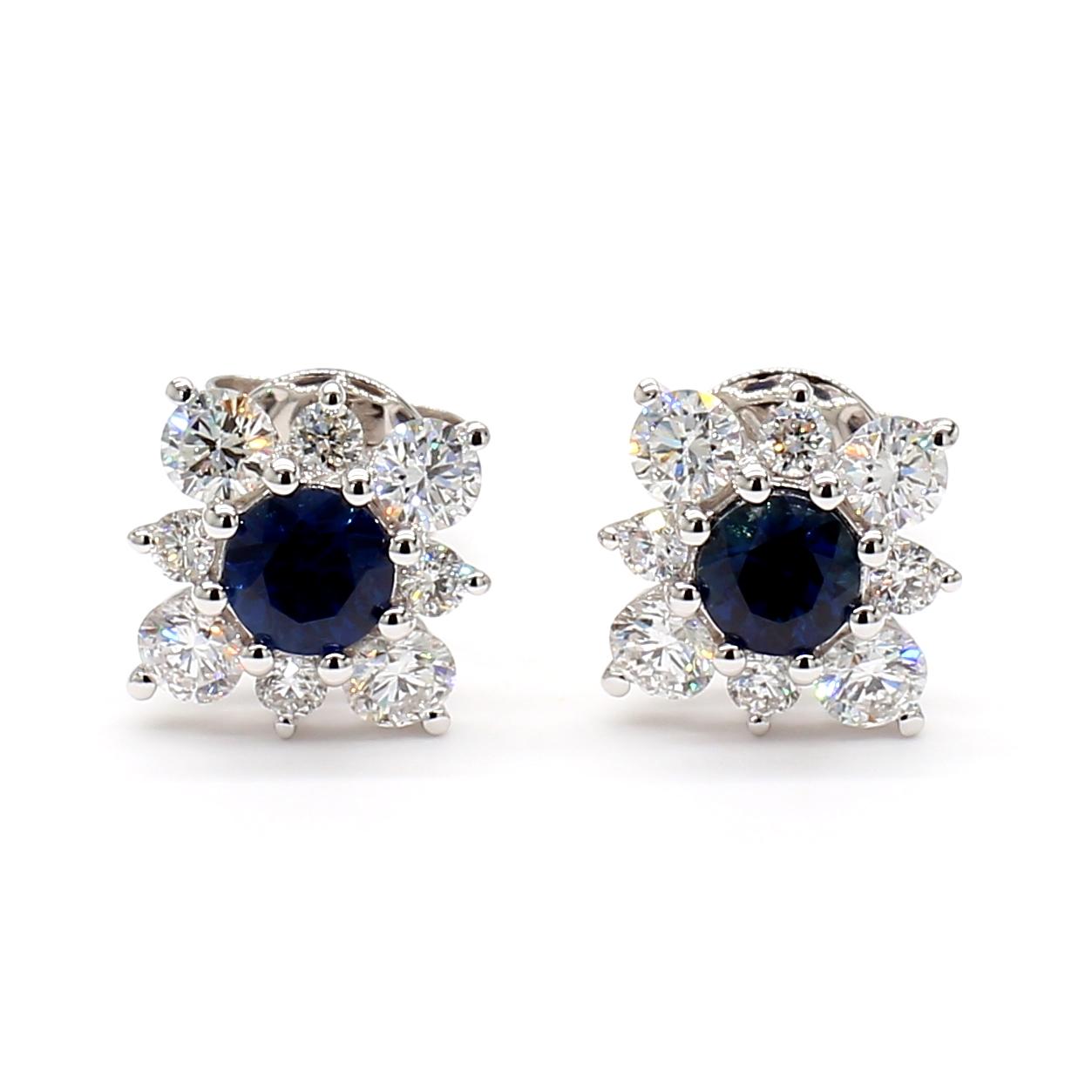 Natural Blue Round Sapphire and Diamond 1.50 Carat TW Gold Stud Earrings