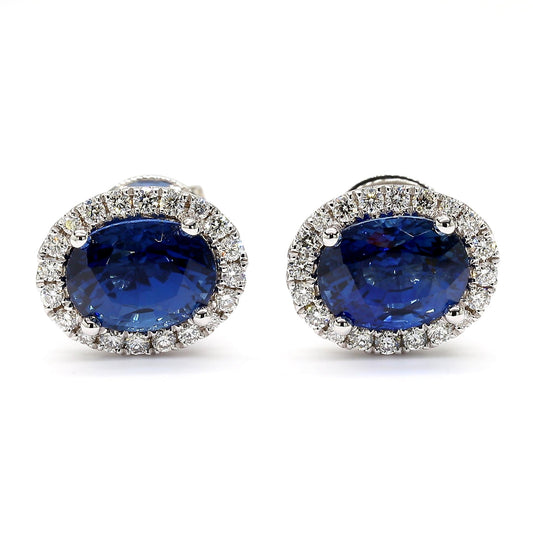 Natural Blue Oval Sapphire and Diamond 4.73 Carat TW Gold Stud Earrings