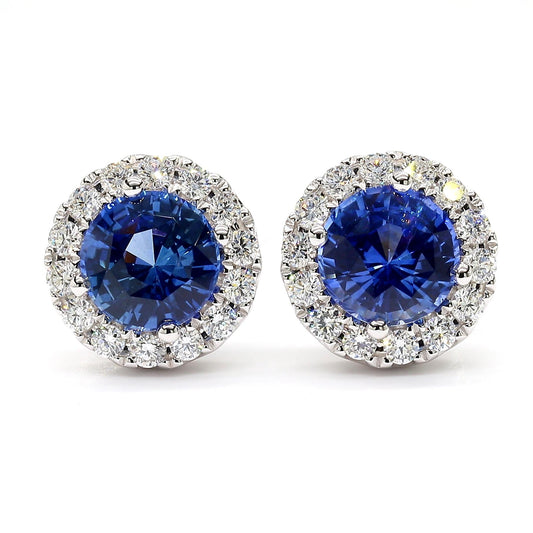 Natural Blue Round Sapphire and Diamond 3.93 Carat TW Gold Stud Earrings