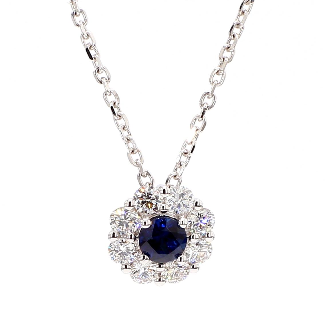 Natural Blue Round Sapphire and White Diamond 0.88 Carat TW Gold Drop Pendant