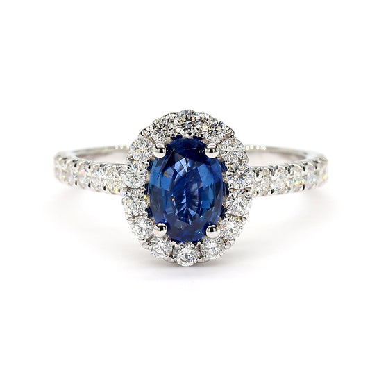 Natural Blue Oval Sapphire and White Diamond 1.47 Carat TW Gold Cocktail Ring