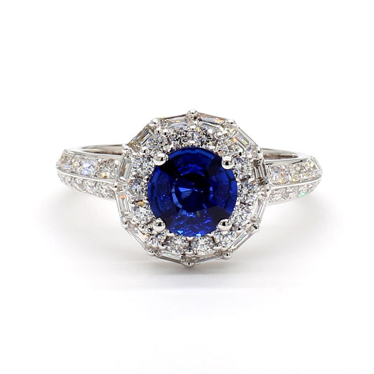 Natural Blue Round Sapphire and White Diamond 1.70 Carat TW White Gold Ring