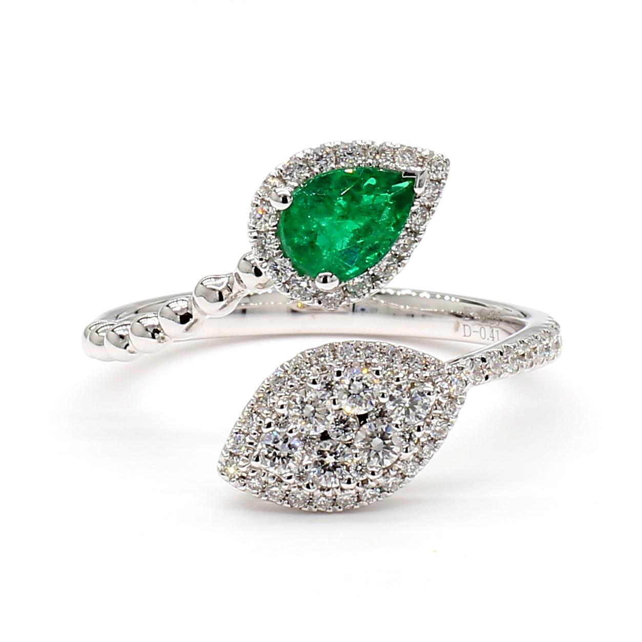 Natural Pear Emerald and White Diamond 0.77 Carat TW White Gold Cocktail Ring