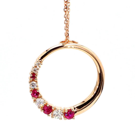 Natural Round Red Ruby and White Diamond .37 Carat TW Rose Gold Drop Pendant