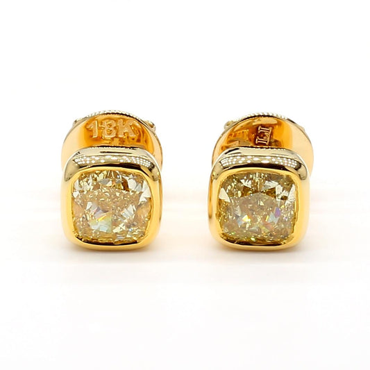 GIA Certified Natural Yellow Cushion Diamond 2.02 Carat TW Gold Stud Earrings