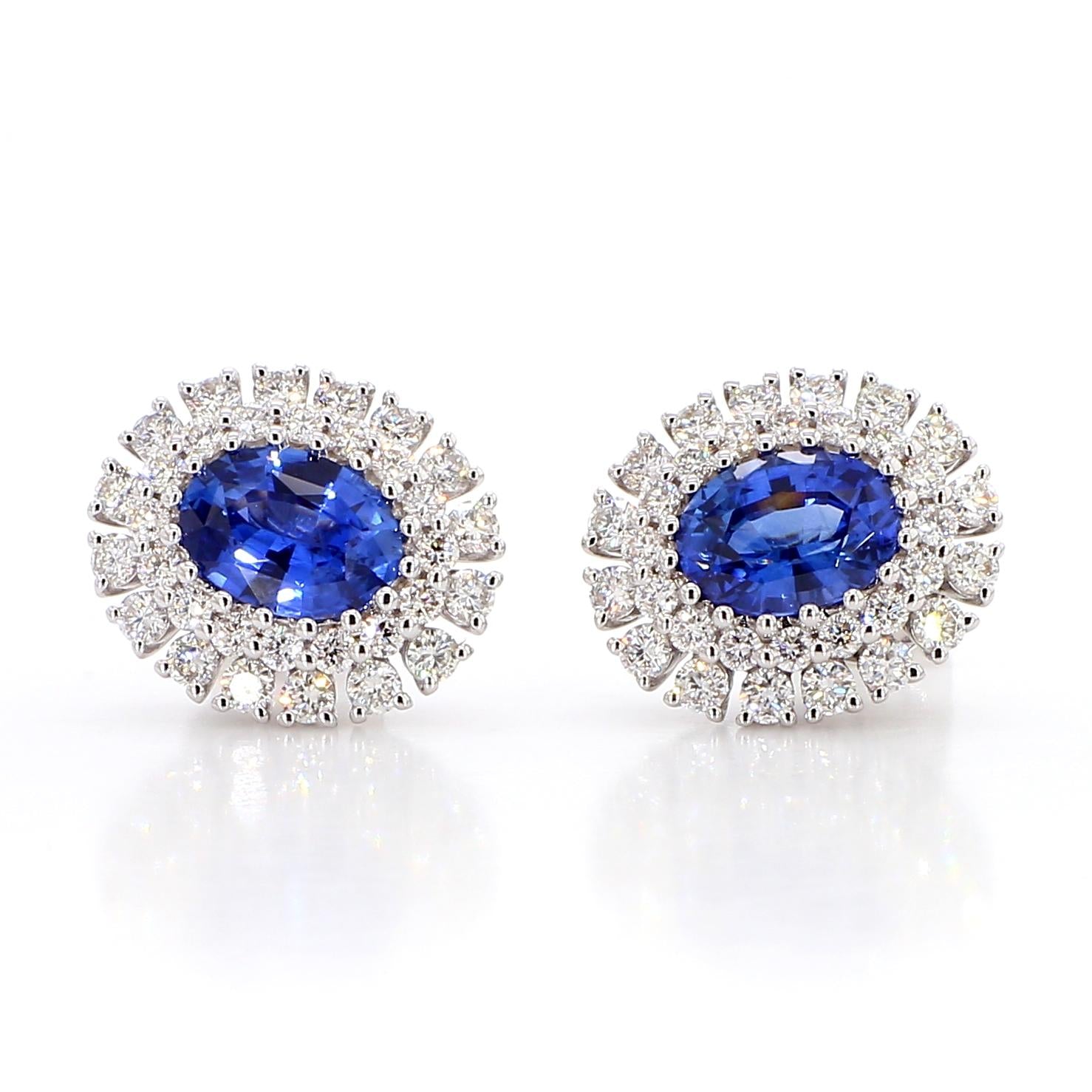 Natural Blue Oval Sapphire and Diamond 3.38 Carat TW Gold Stud Earrings