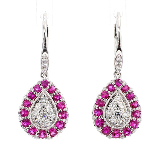 Natural Red Round Ruby and White Diamond 1.34 Carat TW White Gold Drop Earrings