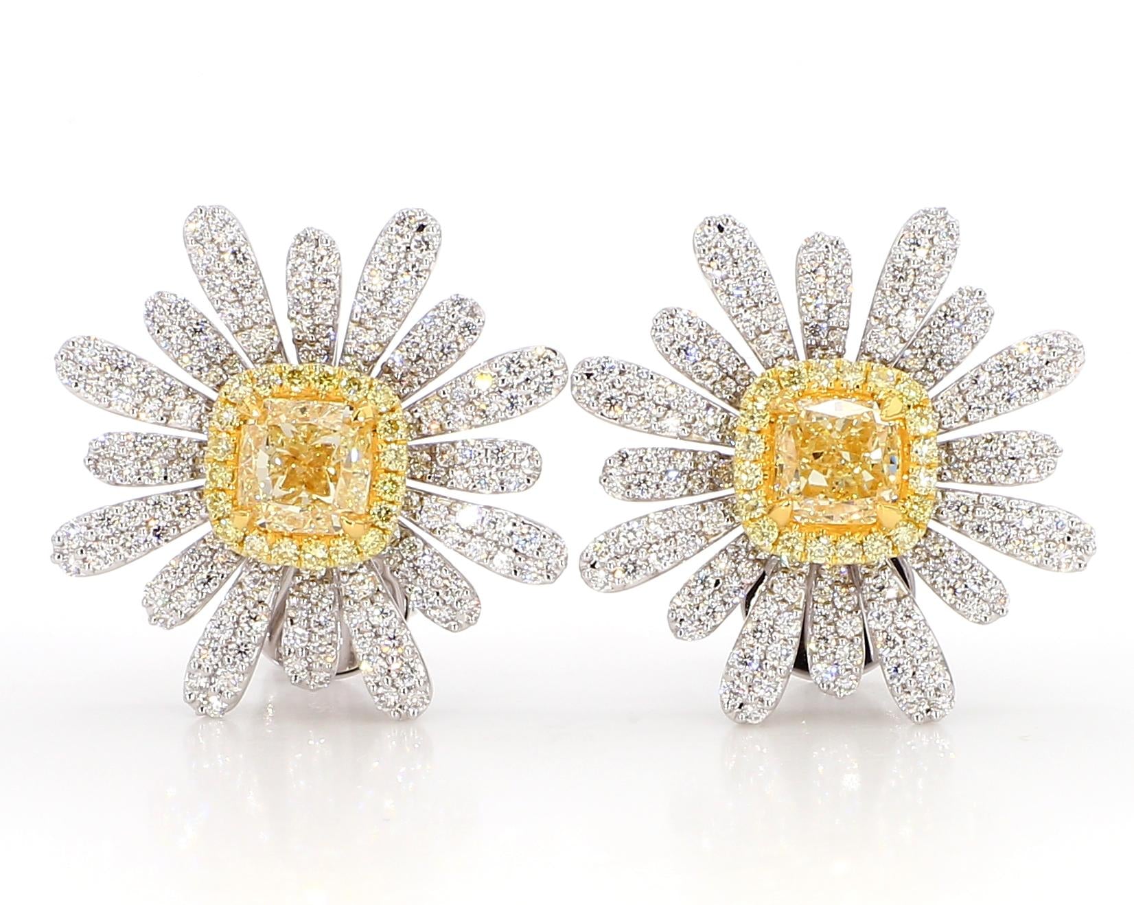 GIA Certified Natural Yellow Radiant Diamond 3.44 Carat TW Gold Stud Earrings