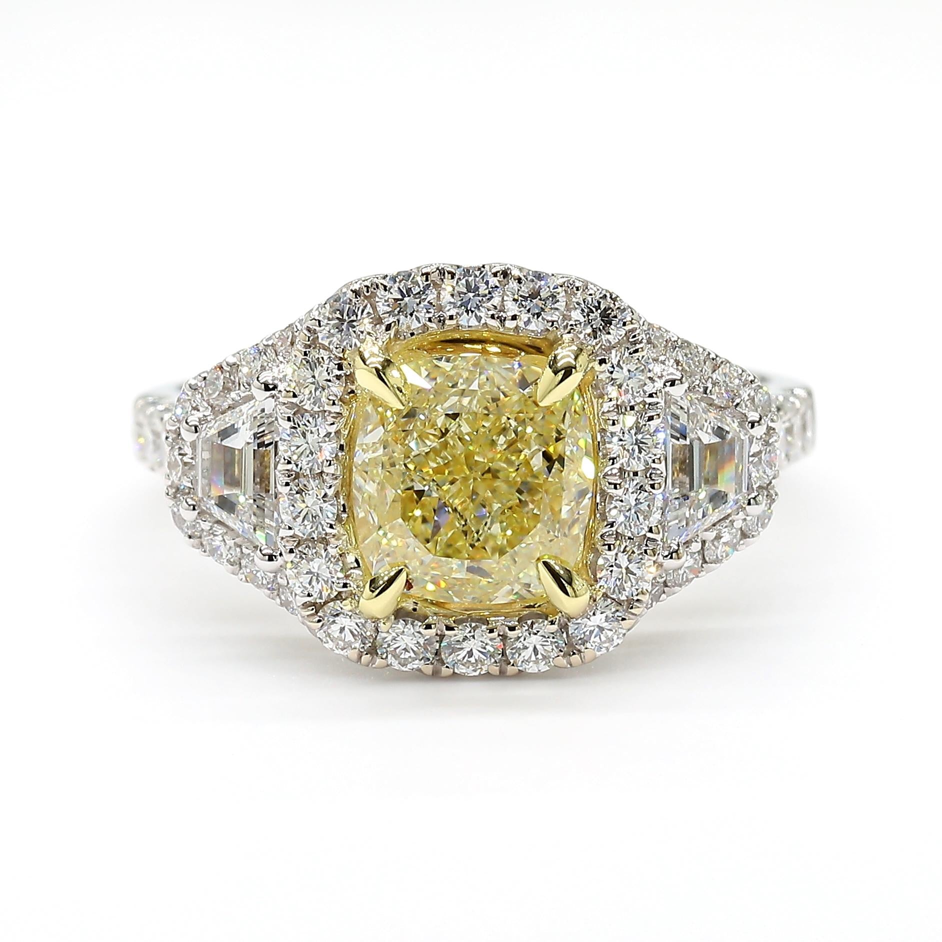 GIA Certified Natural Yellow Cushion Diamond 3.20 Carat TW Gold Cocktail Ring