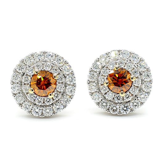 GIA Certified Natural Orange Round Diamond 2.19 Carat TW Gold Stud Earrings