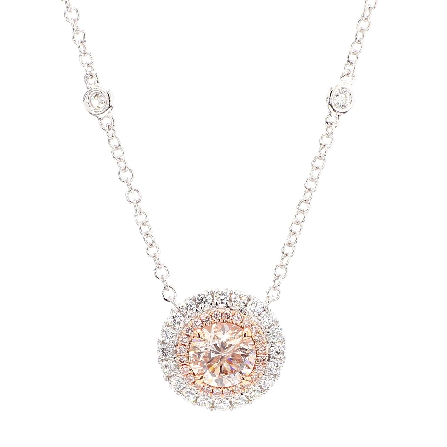 GIA Certified Natural Pink Round Diamond 1.85 Carat TW Gold Drop Necklace