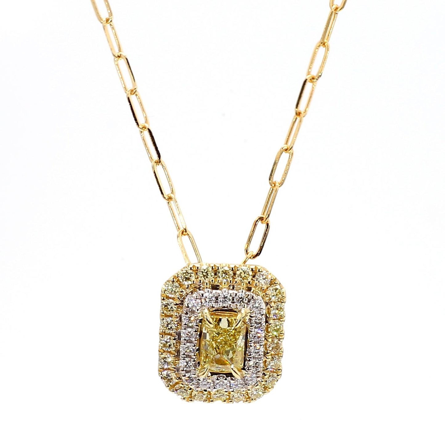 GIA Certified Fancy Yellow Radiant Diamond 0.91 Carat TW Gold Drop Pendant