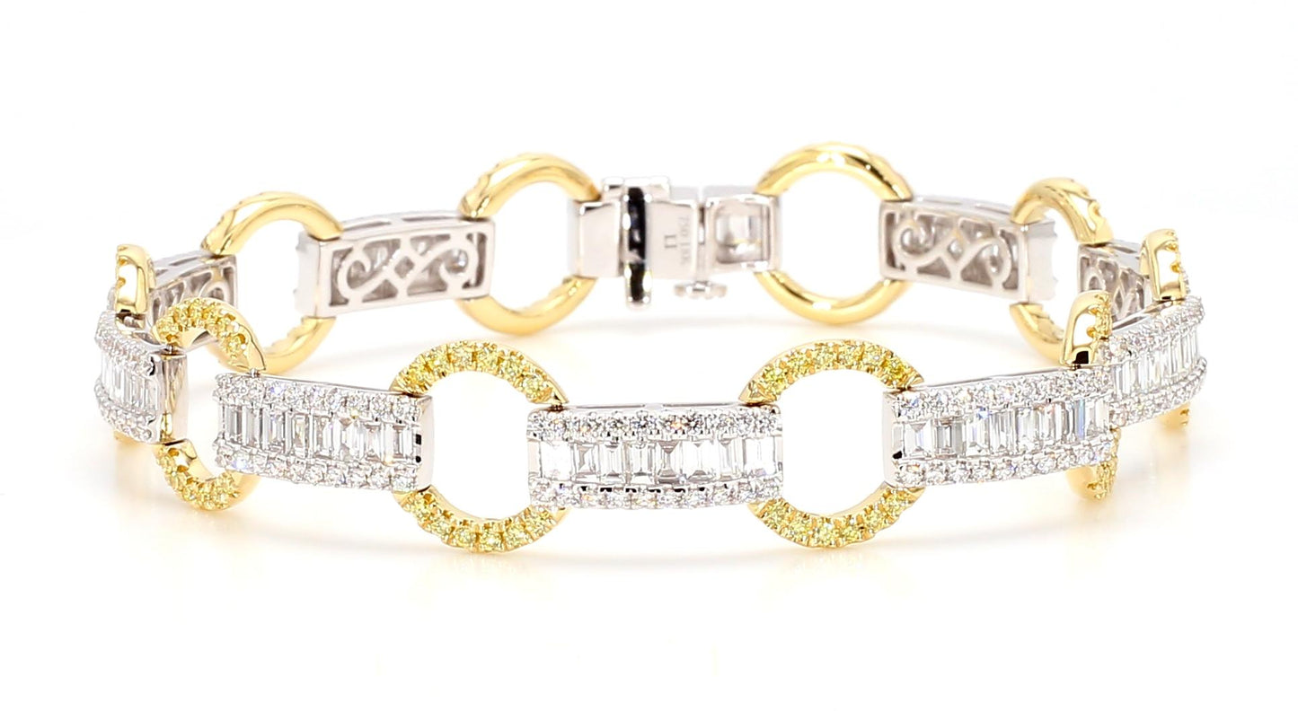 Natural White Baguette and Yellow Diamond 4.76 Carat TW Gold Link Bracelet