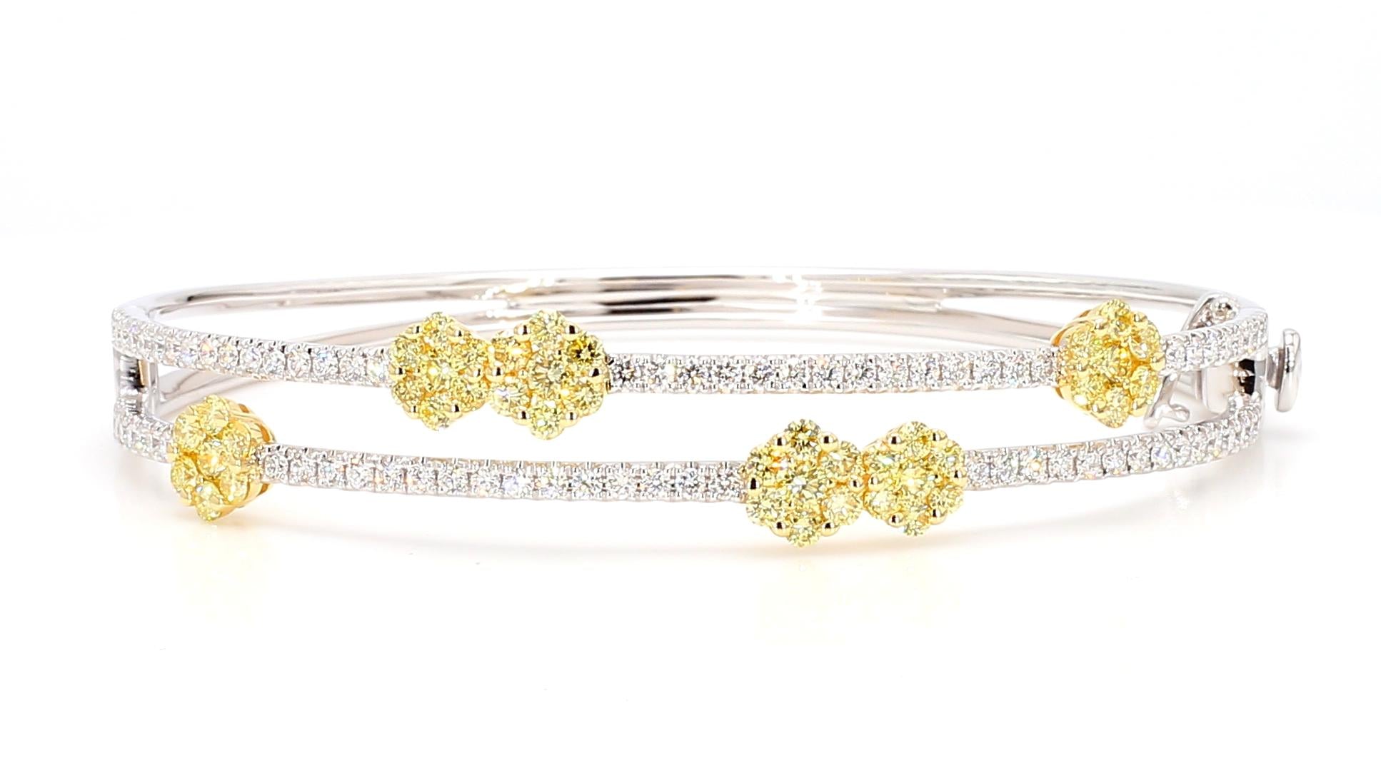 Natural Yellow Round and White Diamond 2.49 Carat TW Gold Cuff Bracelet