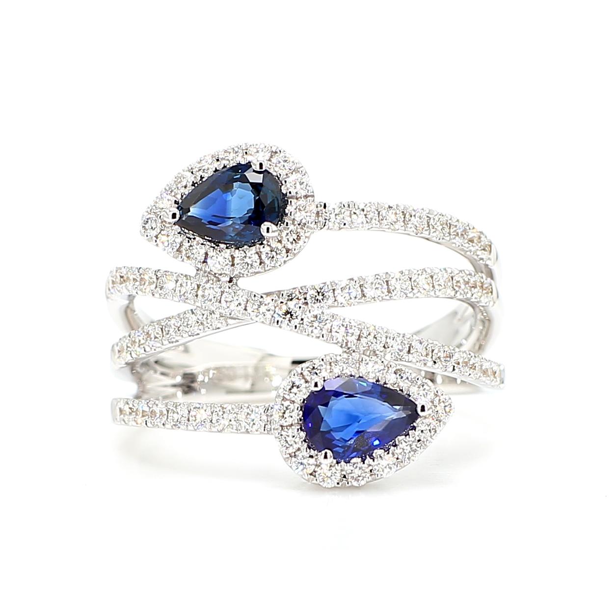 Natural Blue Pear Sapphire and White Diamond 1.15 Carat TW Gold Cocktail Ring