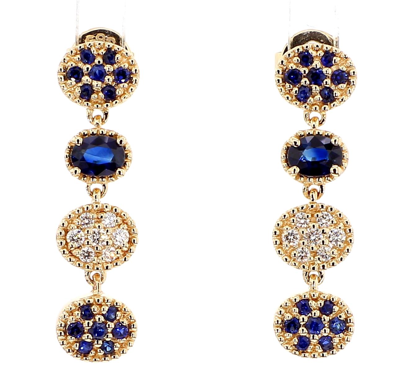 Natural Blue Oval Sapphire and White Diamond 0.87 Carat TW Gold Drop Earrings