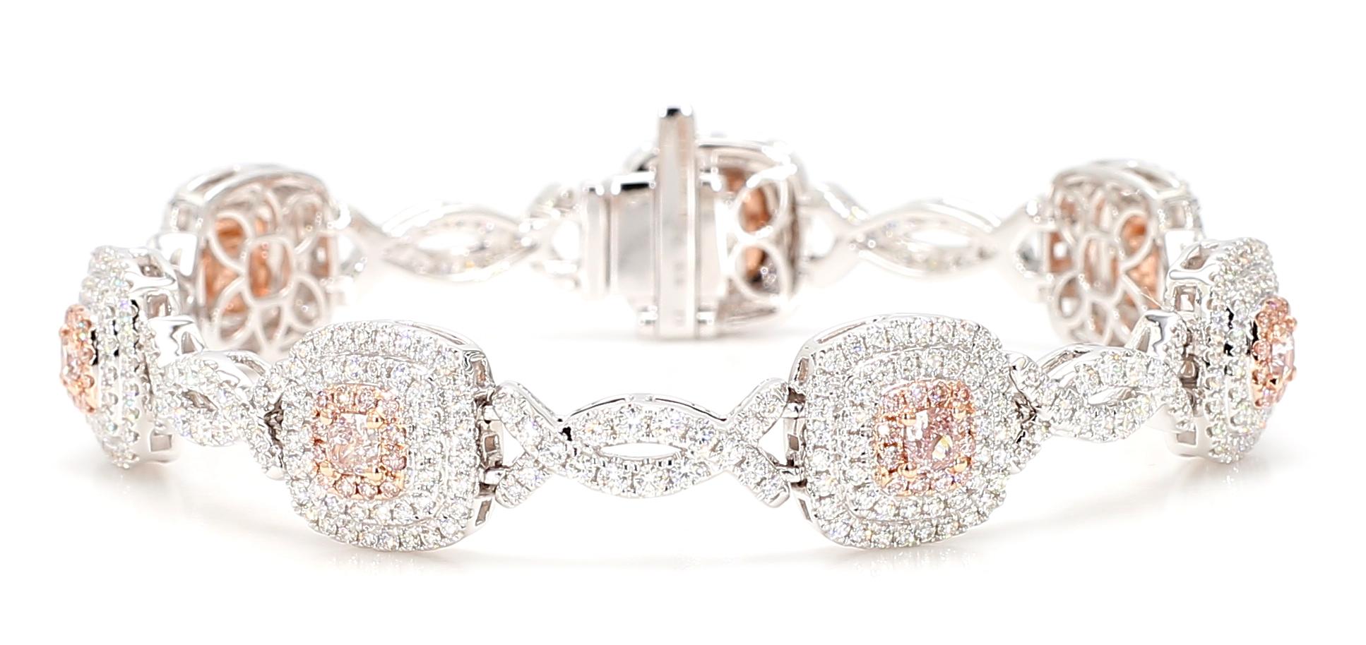 GIA Certified Natural Pink Cushion Diamond 4.59 Carat TW Gold Tennis Bracelet