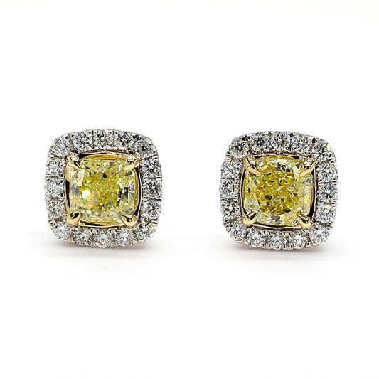 GIA Certified Fancy Yellow Radiant Diamond 1.40 Carat TW Gold Stud Earrings