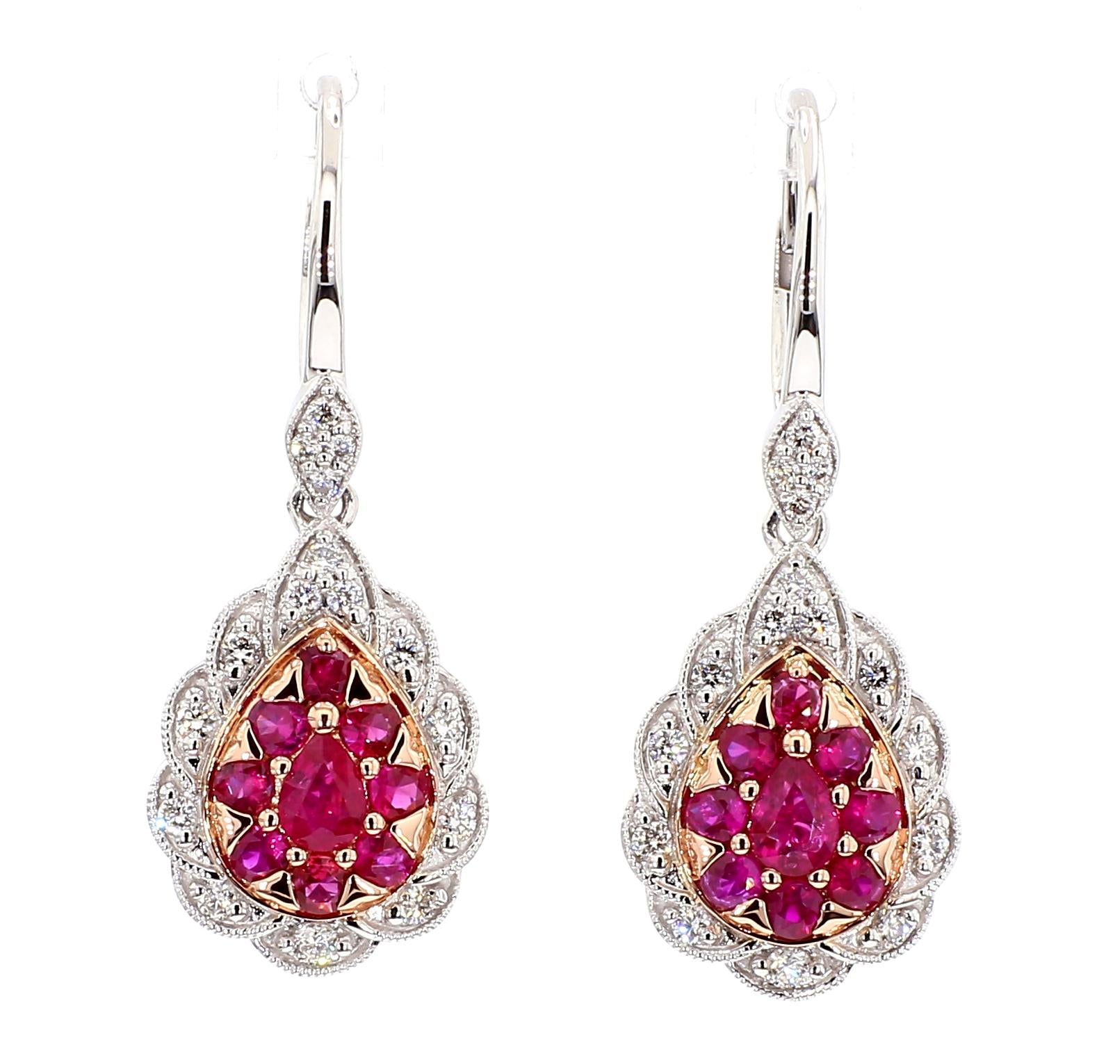 Natural Red Pear Ruby and White Diamond 1.37 Carat TW Gold Drop Earrings