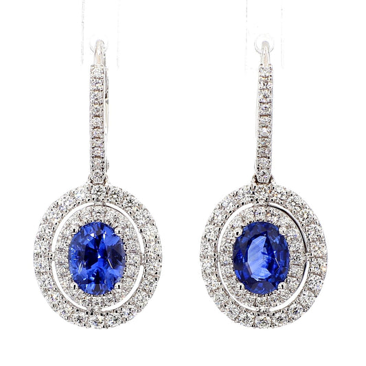 Natural Blue Oval Sapphire and White Diamond 2.97 Carat TW Gold Drop Earrings