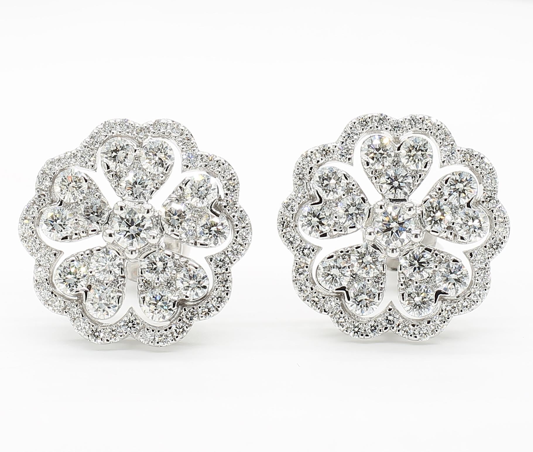 Natural White Round Diamond 2.40 Carat TW White Gold Stud Earrings