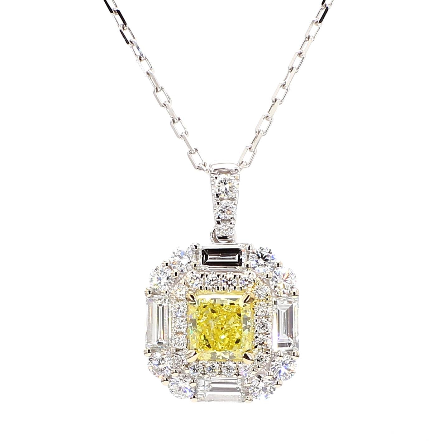 GIA Certified Intense Yellow Radiant Diamond 2.08 Carat TW Gold Drop Pendant