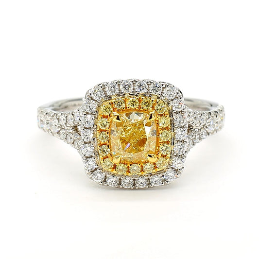 GIA Certified Natural Yellow Cushion Diamond 1.42 Carat TW Gold Cocktail Ring