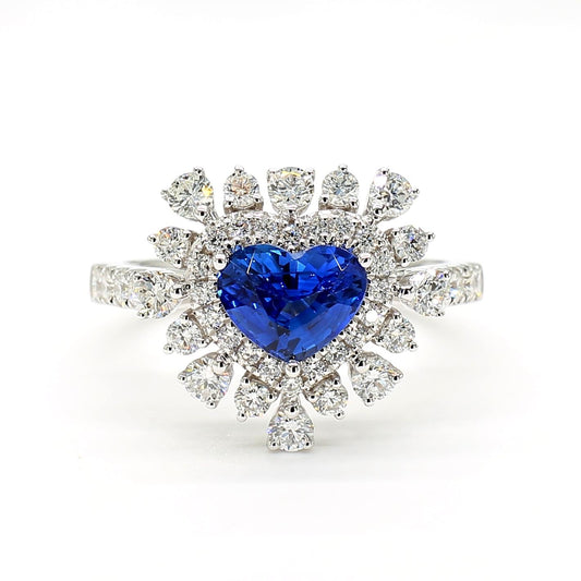 Natural Blue Heart Sapphire and White Diamond 2.36 Carat TW Gold Cocktail Ring